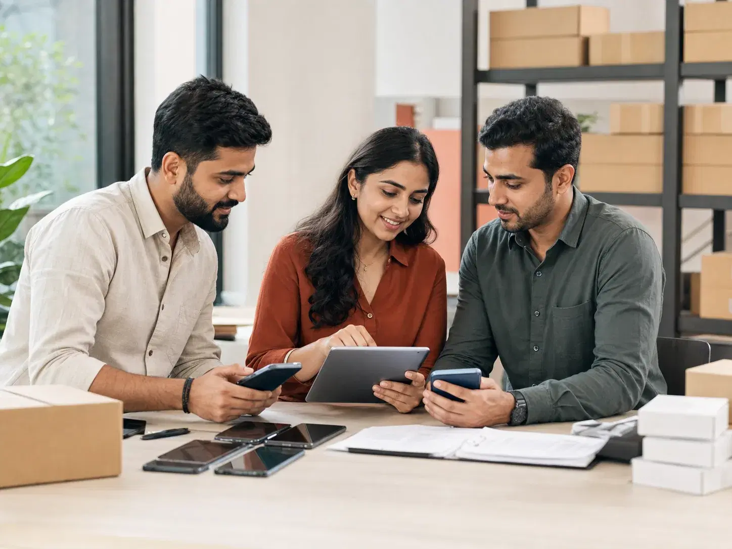 Three mobile trade professionals reviewing devices and distribution documents together